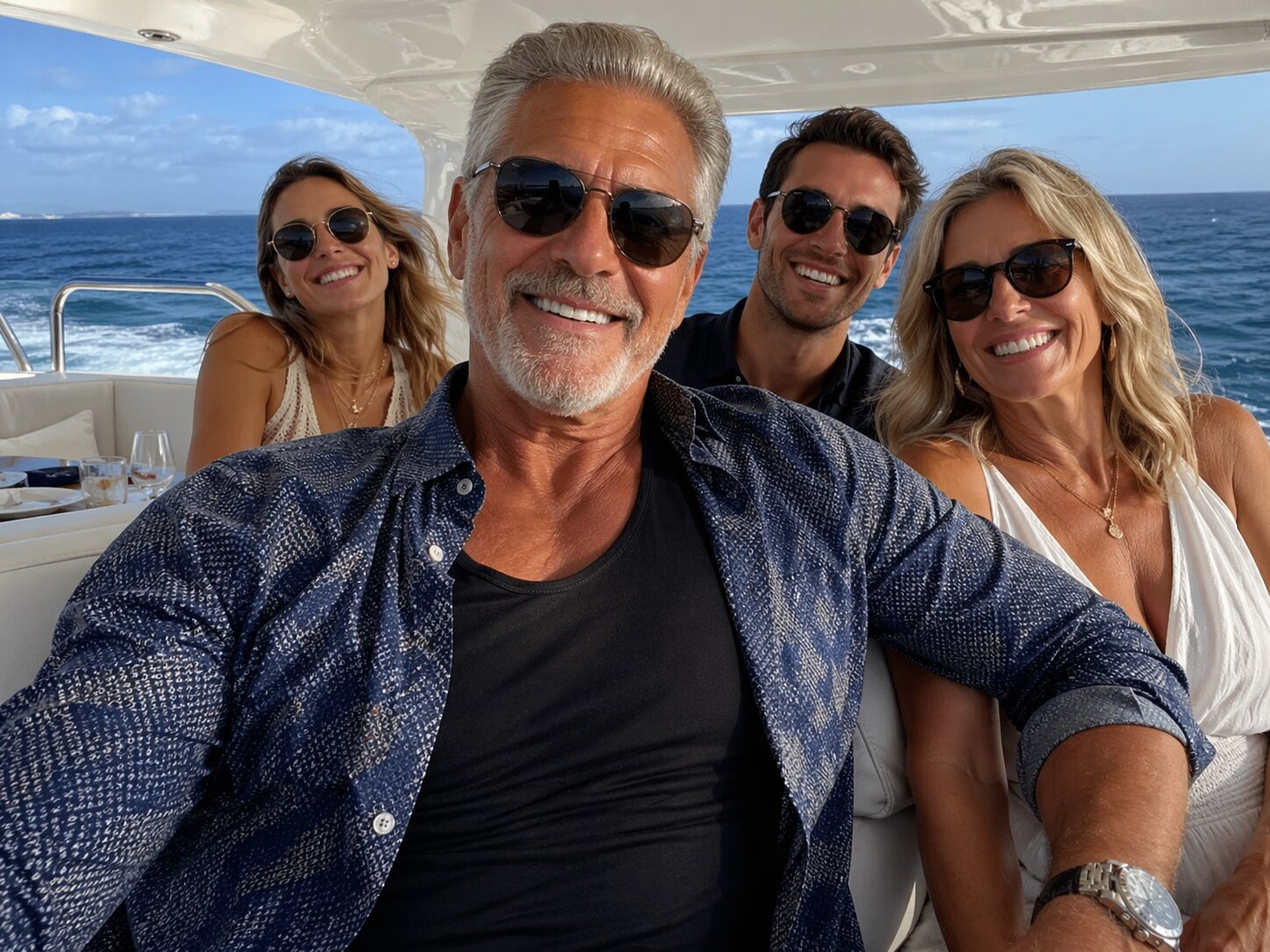 Group of friends and family taking a selfie on a yacht at sea